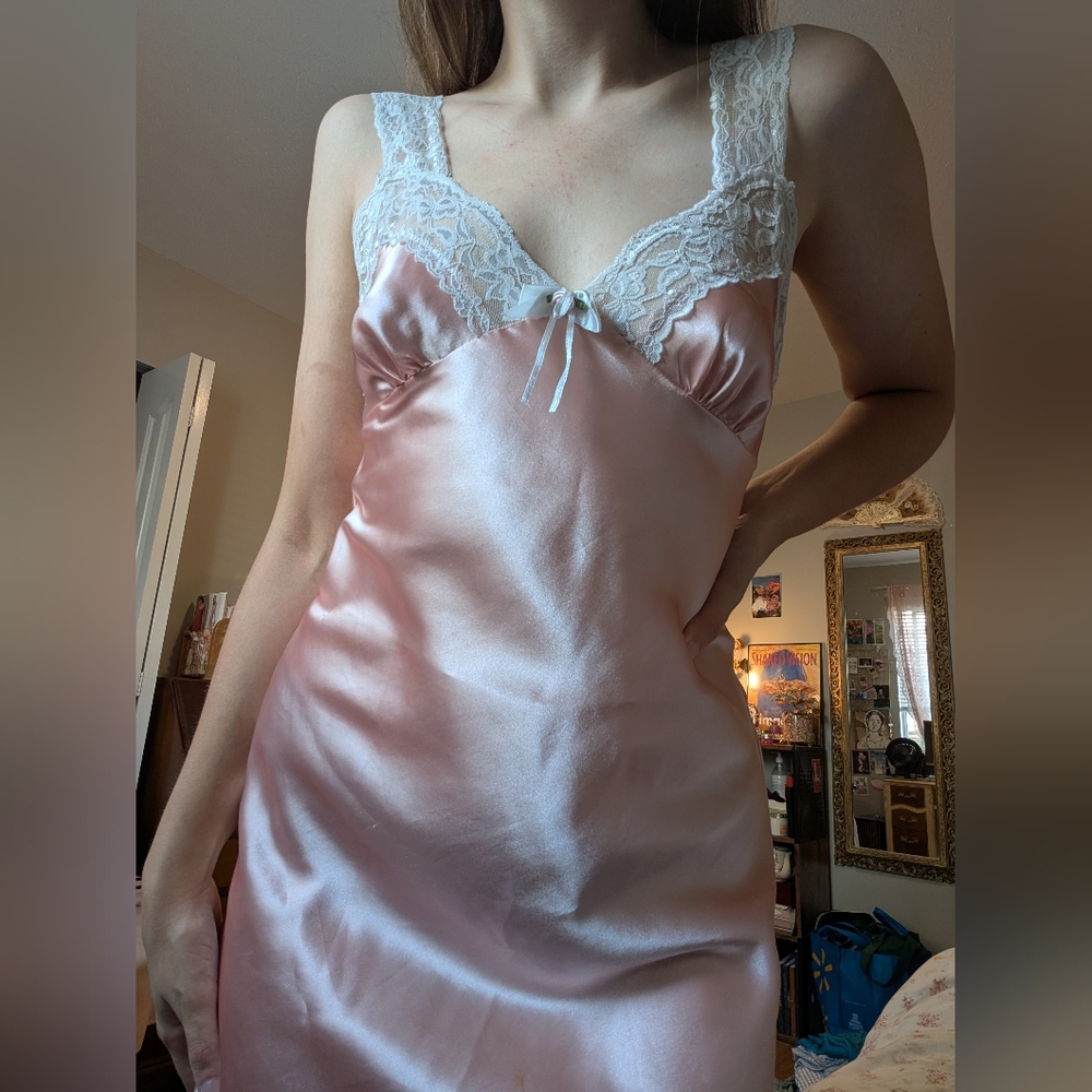 La Vie En Rose Pink Satin Chemise with White Lace